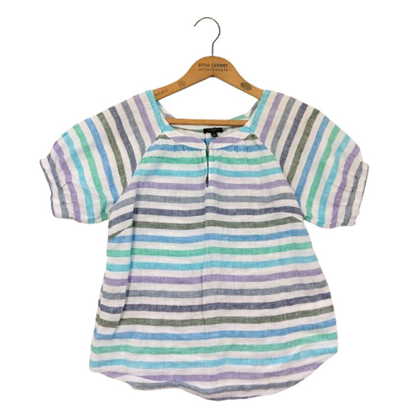 Talbots 100% Linen Striped Short Sleeve Top Size PS P Puff Sleeve Peasant Blouse - Picture 1 of 7